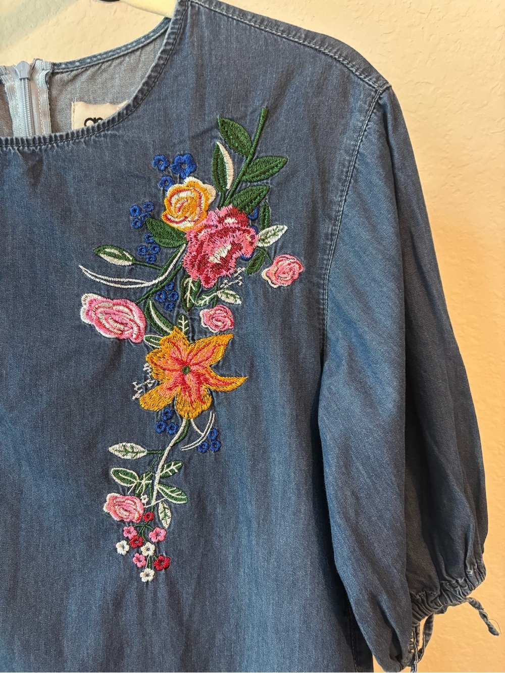 ASOS Blue Denim Floral Embroidered Quarter-sleeve Mini Dress Size Small - Picture 5 of 9